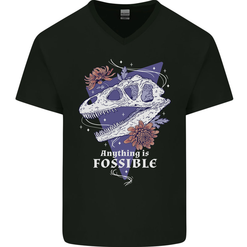 Fossible Funny Fossil Paleontology Dinosaur Mens V-Neck Cotton T-Shirt Black