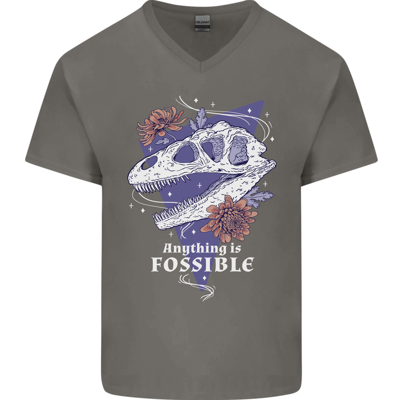 Fossible Funny Fossil Paleontology Dinosaur Mens V-Neck Cotton T-Shirt Charcoal