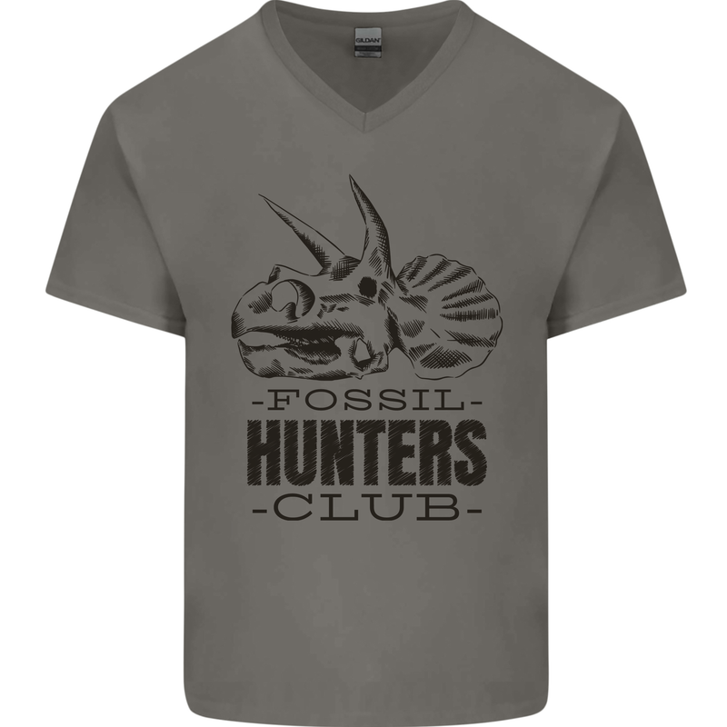 Fossil Hunters Club Paleontology Dinosaurs Mens V-Neck Cotton T-Shirt Charcoal