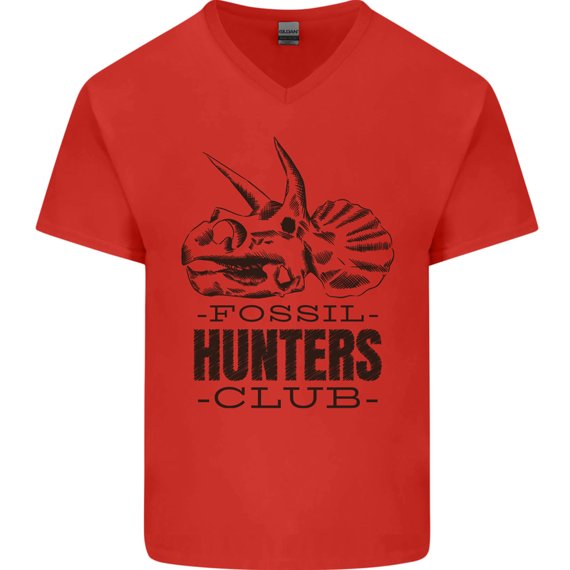 Fossil Hunters Club Paleontology Dinosaurs Mens V-Neck Cotton T-Shirt Red