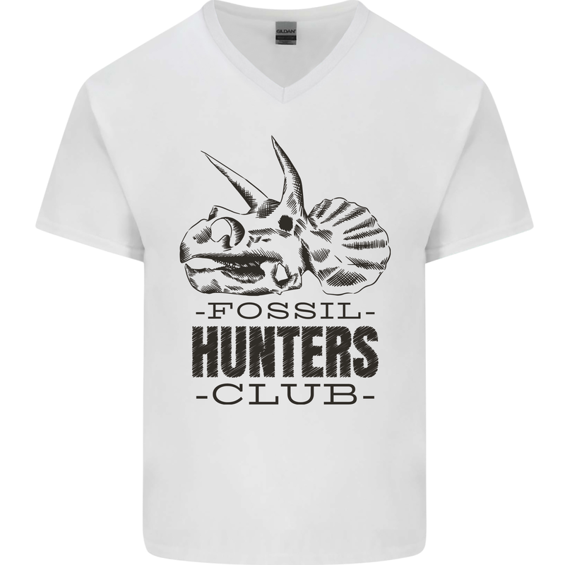 Fossil Hunters Club Paleontology Dinosaurs Mens V-Neck Cotton T-Shirt White