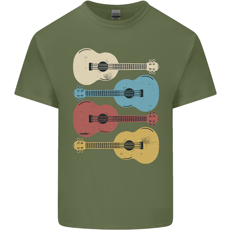 Four Ukulele Guitars Mens Cotton T-Shirt Tee Top Military Green