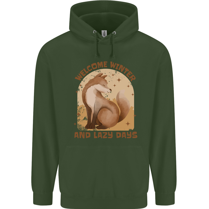 Fox Welcome Winter and Lazy Days Childrens Kids Hoodie Forest Green