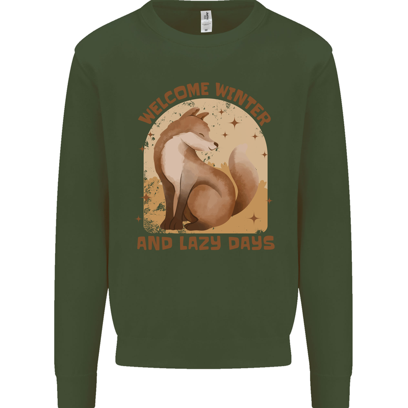 Fox Welcome Winter and Lazy Days Kids Sweatshirt Jumper Forest Green