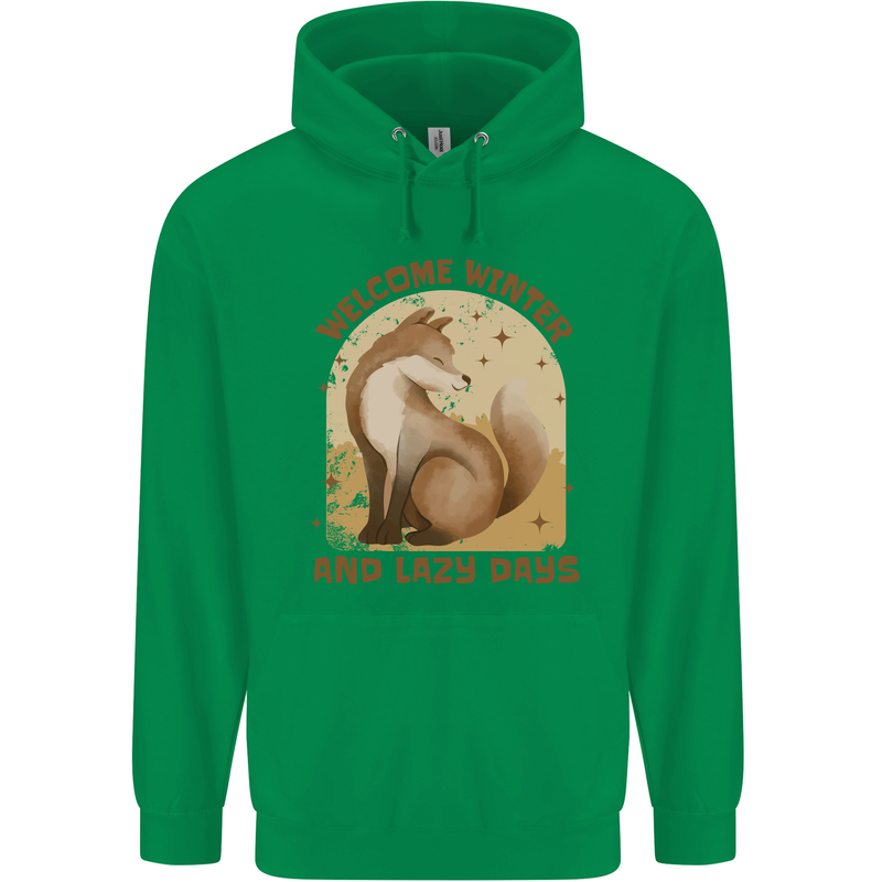 Fox Welcome Winter and Lazy Days Mens 80% Cotton Hoodie Irish Green