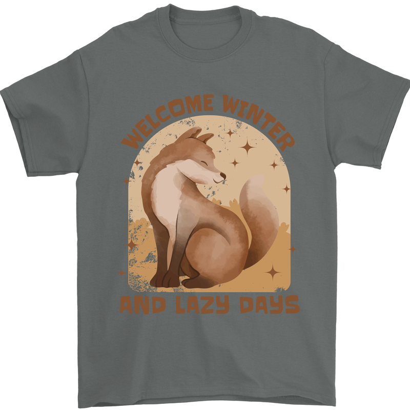 Fox Welcome Winter and Lazy Days Mens T-Shirt 100% Cotton Charcoal
