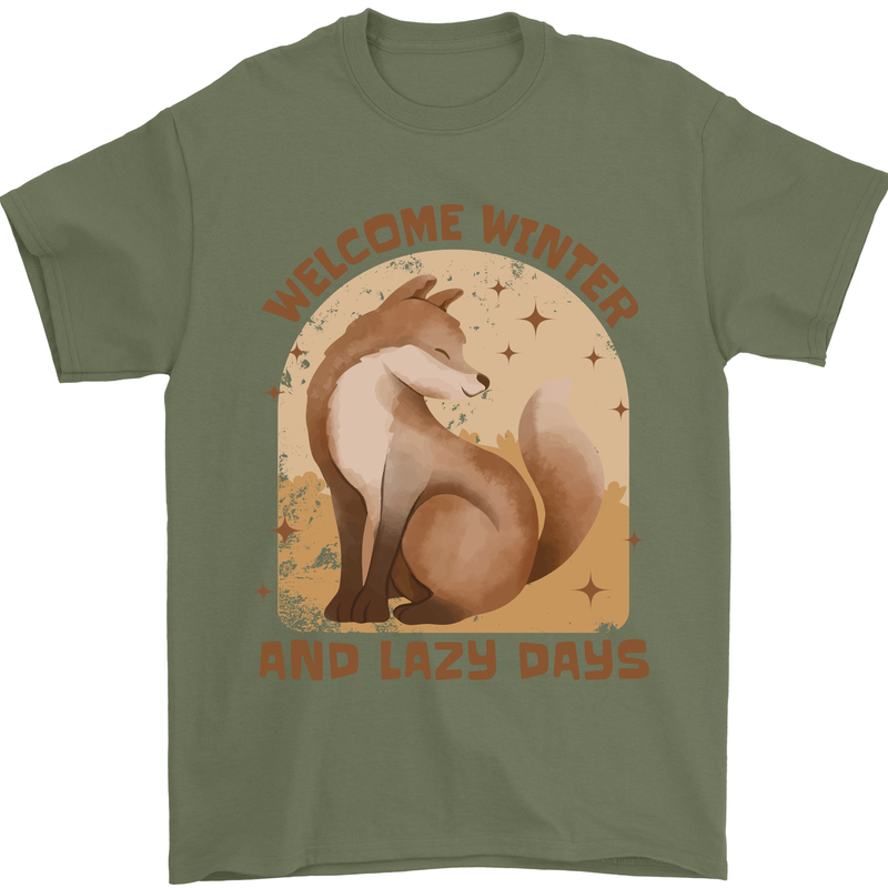 Fox Welcome Winter and Lazy Days Mens T-Shirt 100% Cotton Military Green