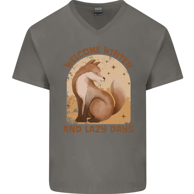 Fox Welcome Winter and Lazy Days Mens V-Neck Cotton T-Shirt Charcoal