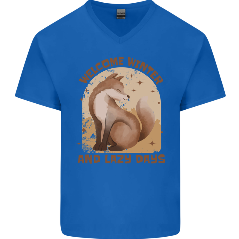 Fox Welcome Winter and Lazy Days Mens V-Neck Cotton T-Shirt Royal Blue