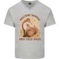 Fox Welcome Winter and Lazy Days Mens V-Neck Cotton T-Shirt Sports Grey