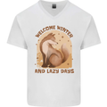 Fox Welcome Winter and Lazy Days Mens V-Neck Cotton T-Shirt White