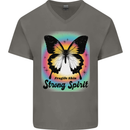Fragile Skin Strong Spirit Butterfly Mens V-Neck Cotton T-Shirt Charcoal