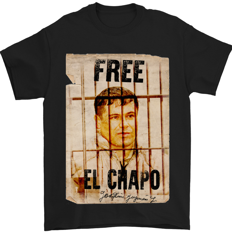 a black t - shirt with a picture of a man behind bars