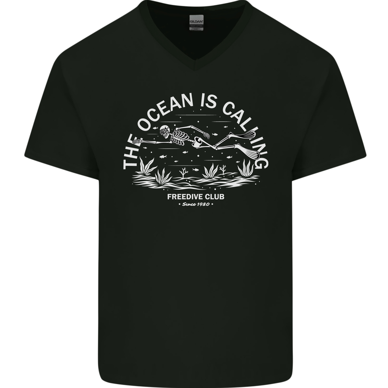 Freediving Funny Skull Scuba Diving Diver Mens V-Neck Cotton T-Shirt Black