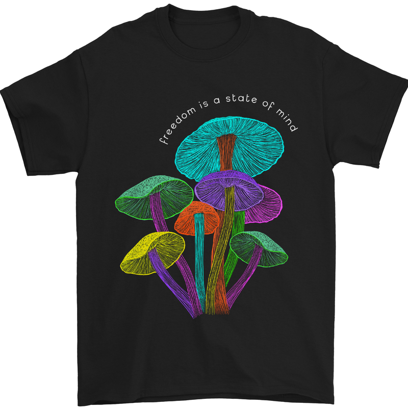 a black t - shirt with colorful mushrooms on it