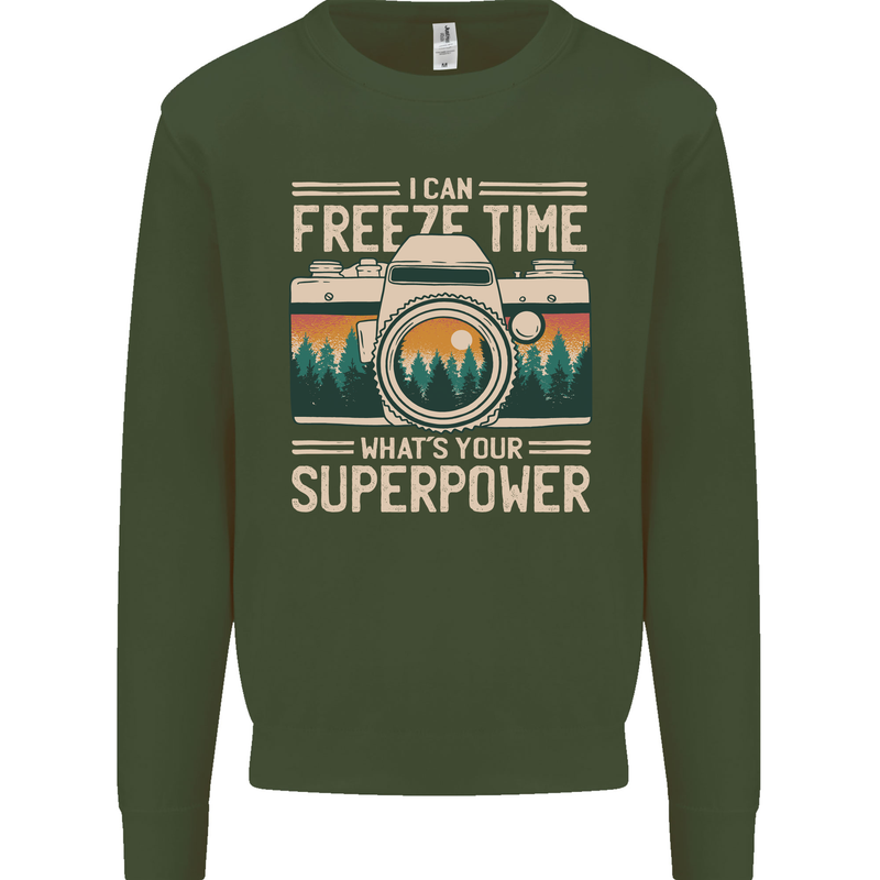 Freeze Time Photographer Photography Kids Sweatshirt Jumper Forest Green