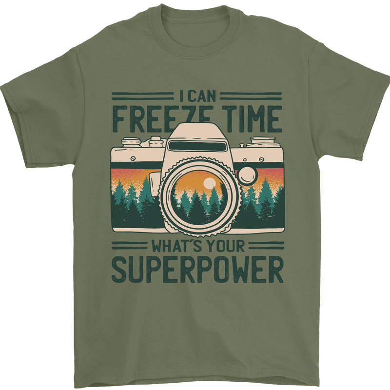 Freeze Time Photography Photographer Mens T-Shirt 100% Cotton Military Green