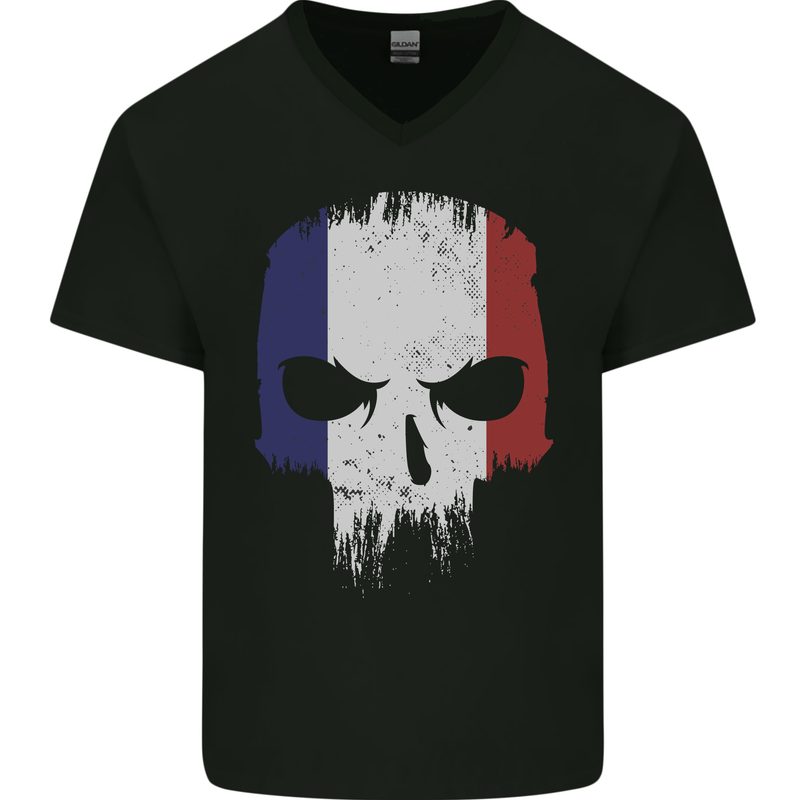 French Skull France Gym Biker Flag Mens V-Neck Cotton T-Shirt Black