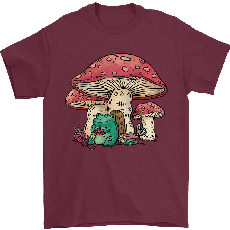 Frog Knitting Under a Mushroom Foraging Nature Mens T-Shirt 100% Cotton Maroon