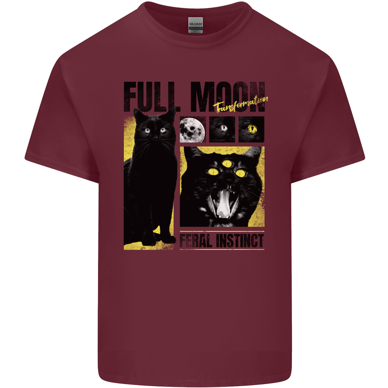 Full Moon Feral Instinct Black Cat Halloween Mens Cotton T-Shirt Tee Top Maroon