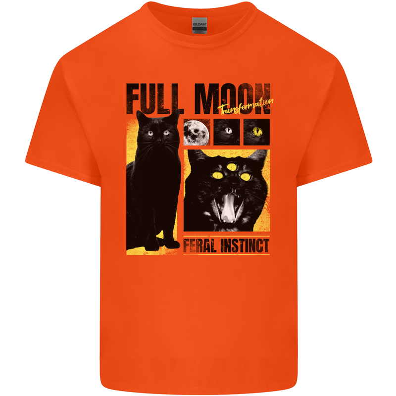 Full Moon Feral Instinct Black Cat Halloween Mens Cotton T-Shirt Tee Top Orange