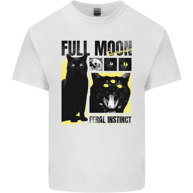 Full Moon Feral Instinct Black Cat Halloween Mens Cotton T-Shirt Tee Top White