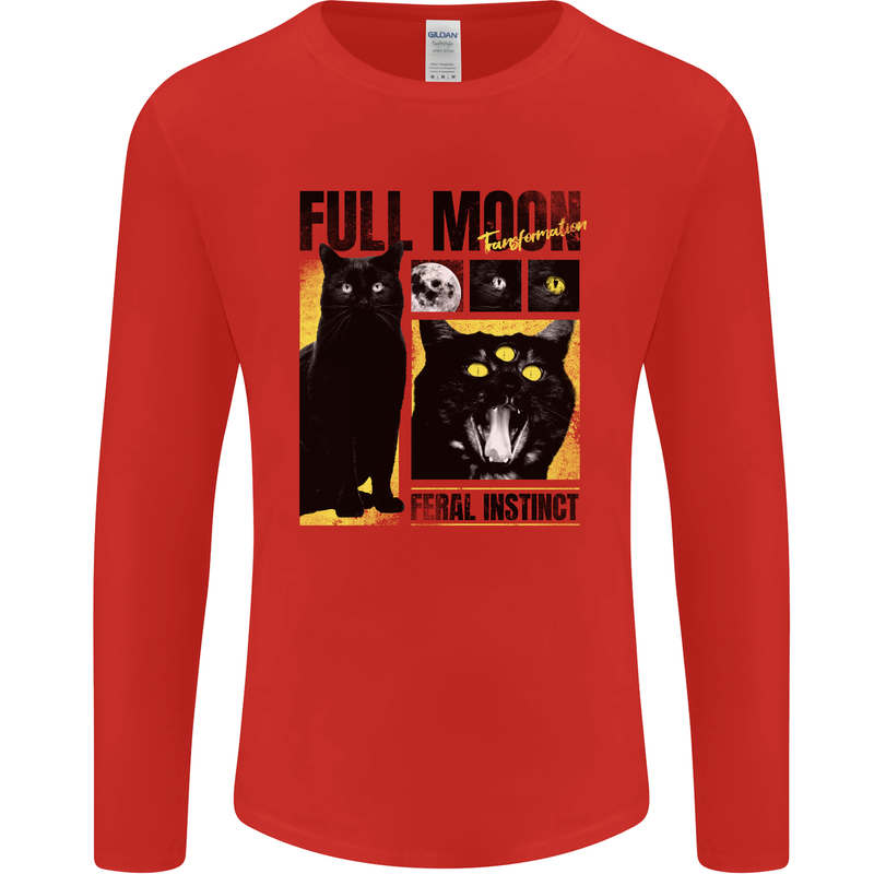 Full Moon Feral Instinct Black Cat Halloween Mens Long Sleeve T-Shirt Red