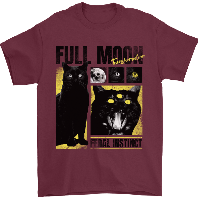 Full Moon Feral Instinct Black Cat Halloween Mens T-Shirt 100% Cotton Maroon