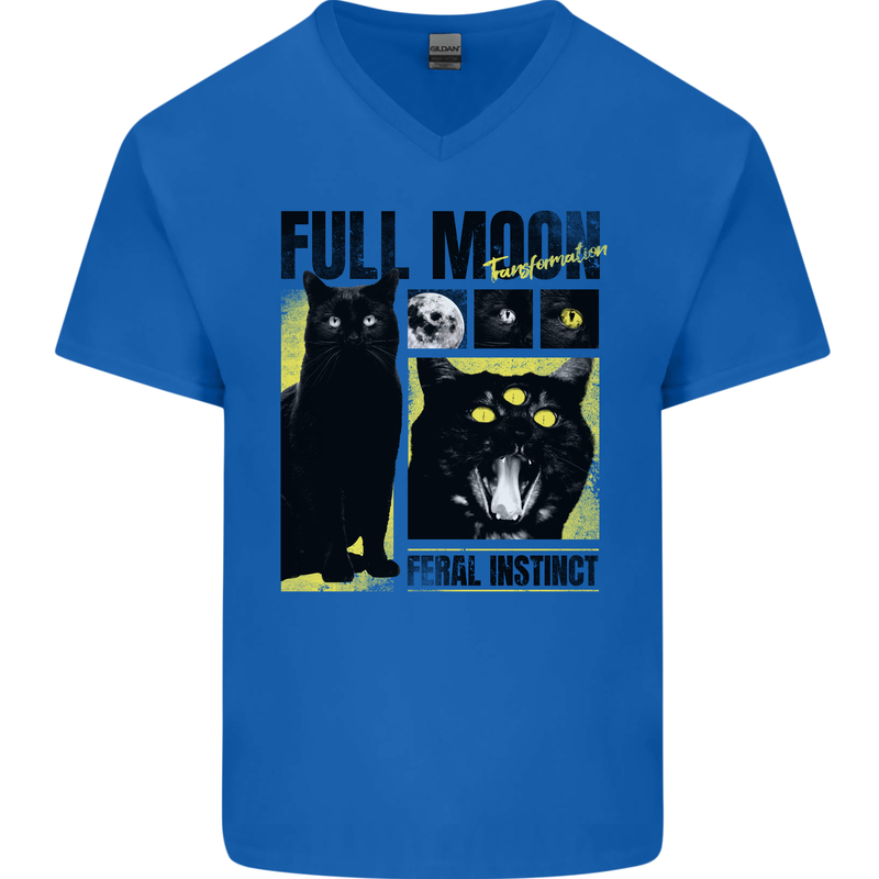 Full Moon Feral Instinct Black Cat Halloween Mens V-Neck Cotton T-Shirt Royal Blue