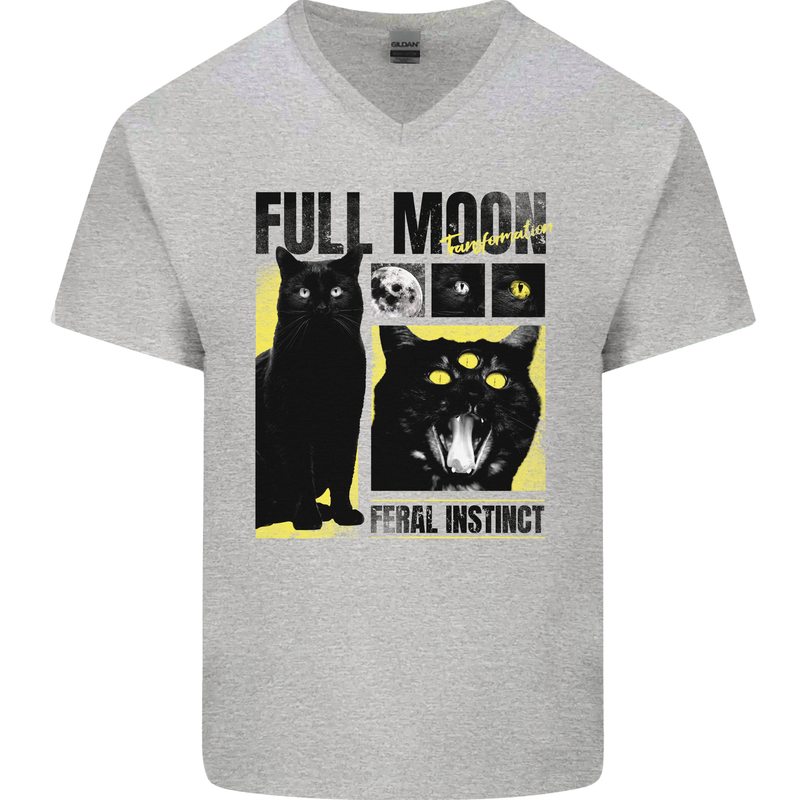 Full Moon Feral Instinct Black Cat Halloween Mens V-Neck Cotton T-Shirt Sports Grey