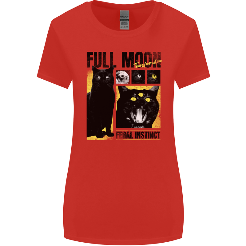 Full Moon Feral Instinct Black Cat Halloween Womens Wider Cut T-Shirt Red