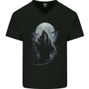 Full Moon Grim Reaper Skull Mens V-Neck Cotton T-Shirt Black