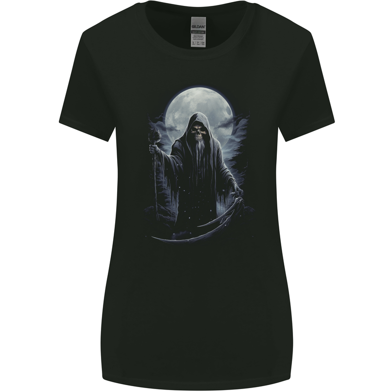 Full Moon Grim Reaper Skull Womens Wider Cut T-Shirt Black