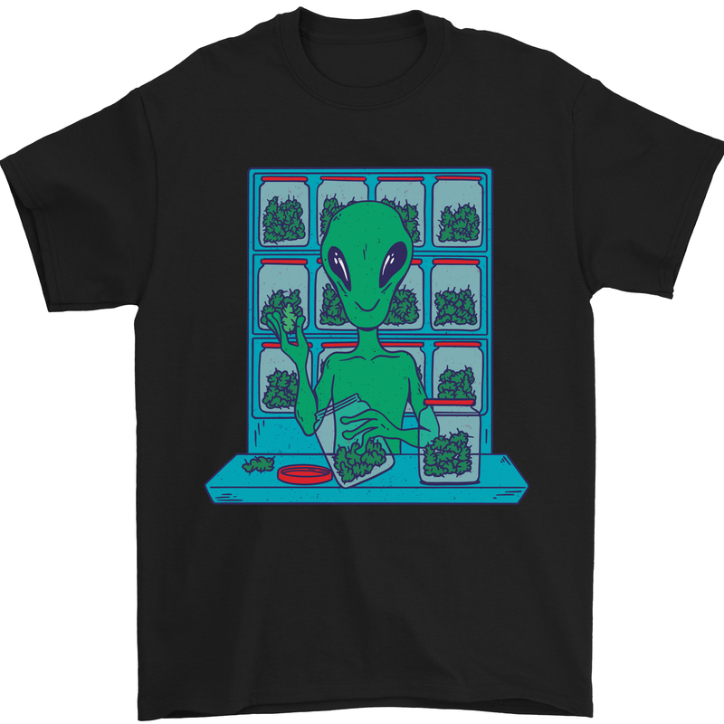 a t - shirt with an image of a green alien sitting in front of a