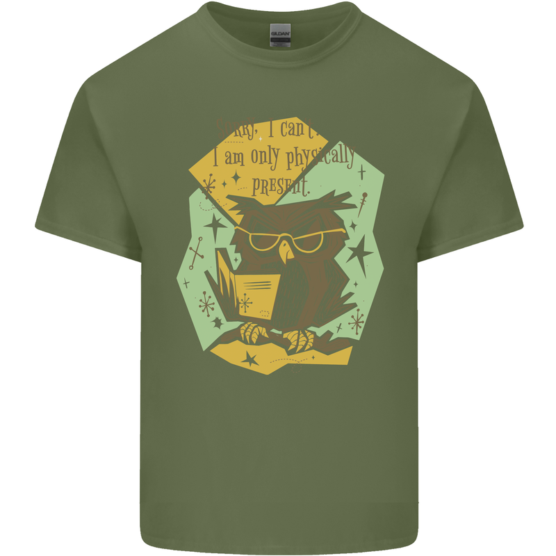 Funny Book Reading Owl Bookworm Books Mens Cotton T-Shirt Tee Top Military Green