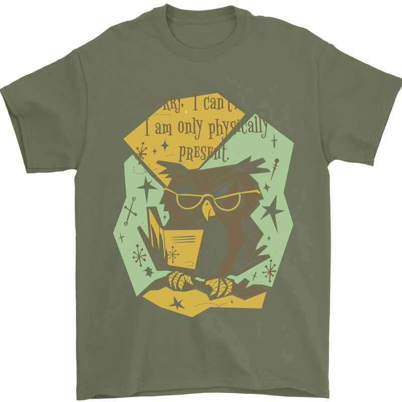 Funny Book Reading Owl Bookworm Books Mens T-Shirt 100% Cotton Military Green