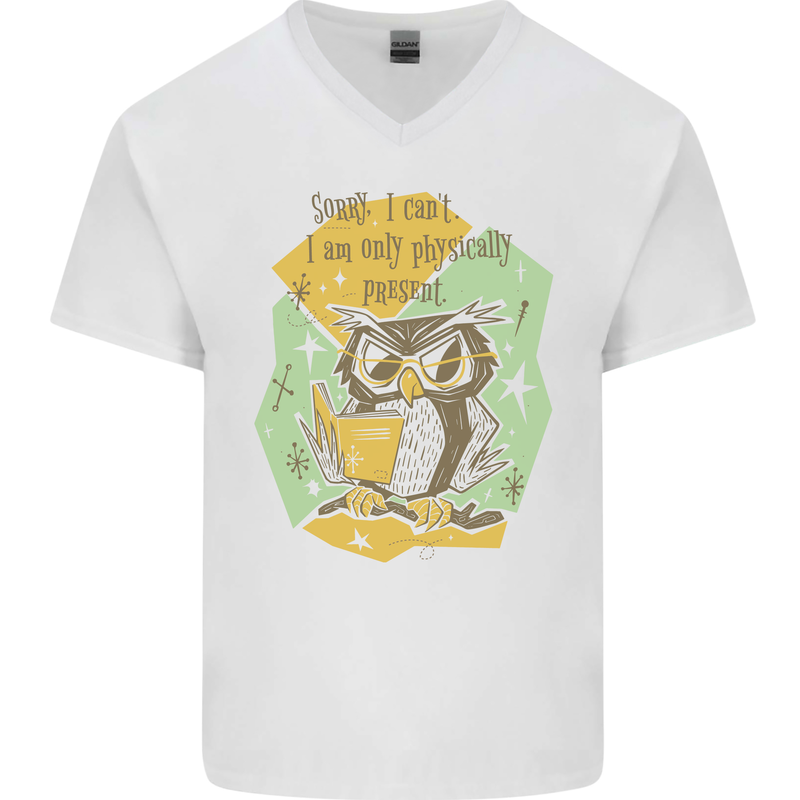 Funny Book Reading Owl Bookworm Books Mens V-Neck Cotton T-Shirt White