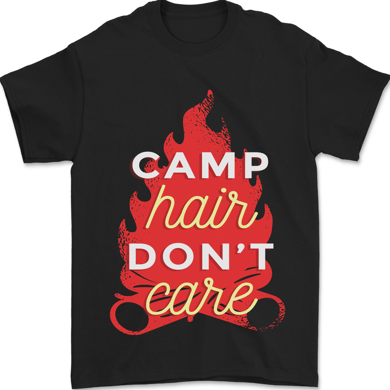 a black shirt that says camp hair don't care