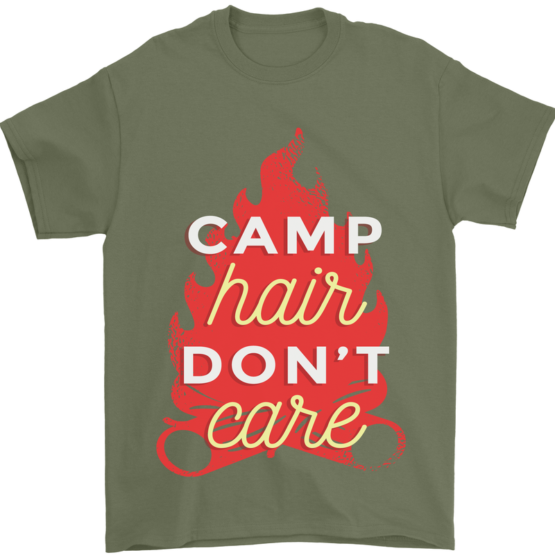 Funny Camping Camp Hair Dont Care Caravan Mens T-Shirt 100% Cotton Military Green
