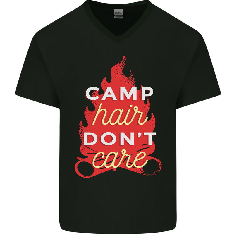 Funny Camping Camp Hair Dont Care Caravan Mens V-Neck Cotton T-Shirt Black