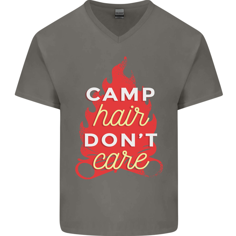 Funny Camping Camp Hair Dont Care Caravan Mens V-Neck Cotton T-Shirt Charcoal