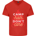 Funny Camping Camp Hair Dont Care Caravan Mens V-Neck Cotton T-Shirt Red