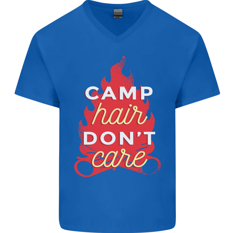 Funny Camping Camp Hair Dont Care Caravan Mens V-Neck Cotton T-Shirt Royal Blue