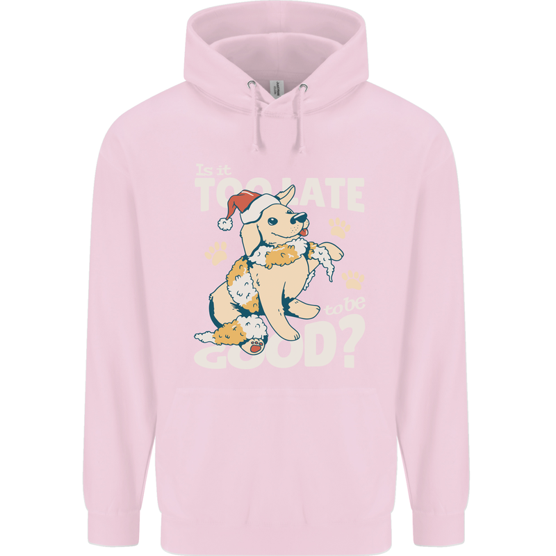 Funny Christmas Dog Too Late to Be Good Childrens Kids Hoodie Light Pink