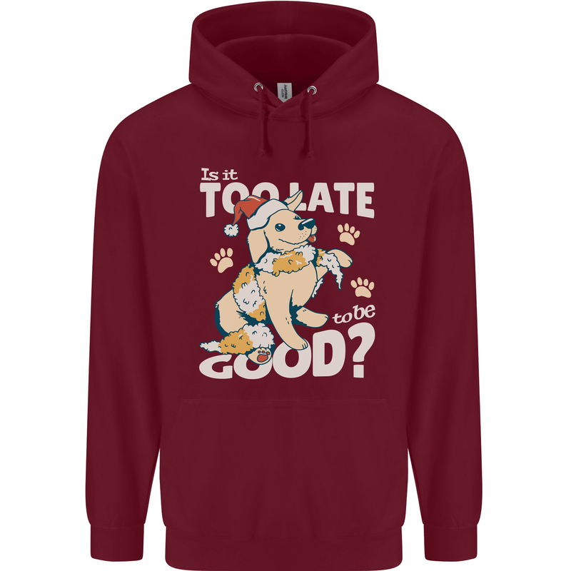 Funny Christmas Dog Too Late to Be Good Childrens Kids Hoodie Maroon