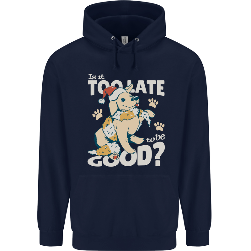Funny Christmas Dog Too Late to Be Good Childrens Kids Hoodie Navy Blue