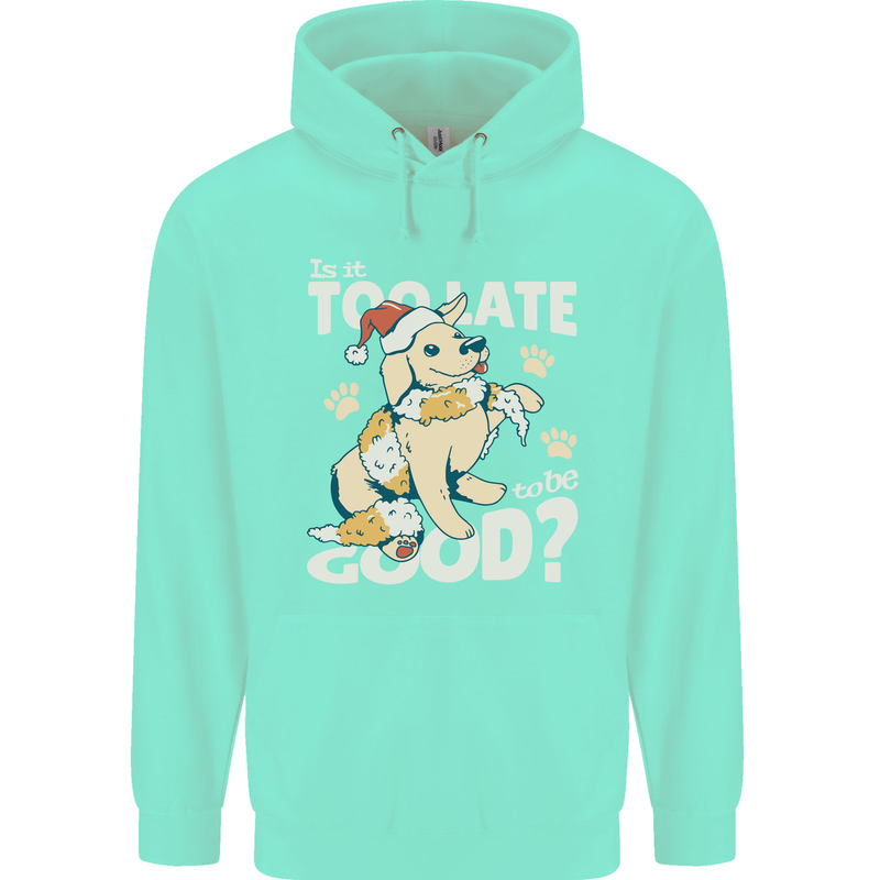 Funny Christmas Dog Too Late to Be Good Childrens Kids Hoodie Peppermint