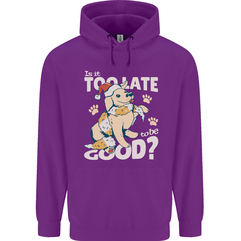 Funny Christmas Dog Too Late to Be Good Childrens Kids Hoodie Purple