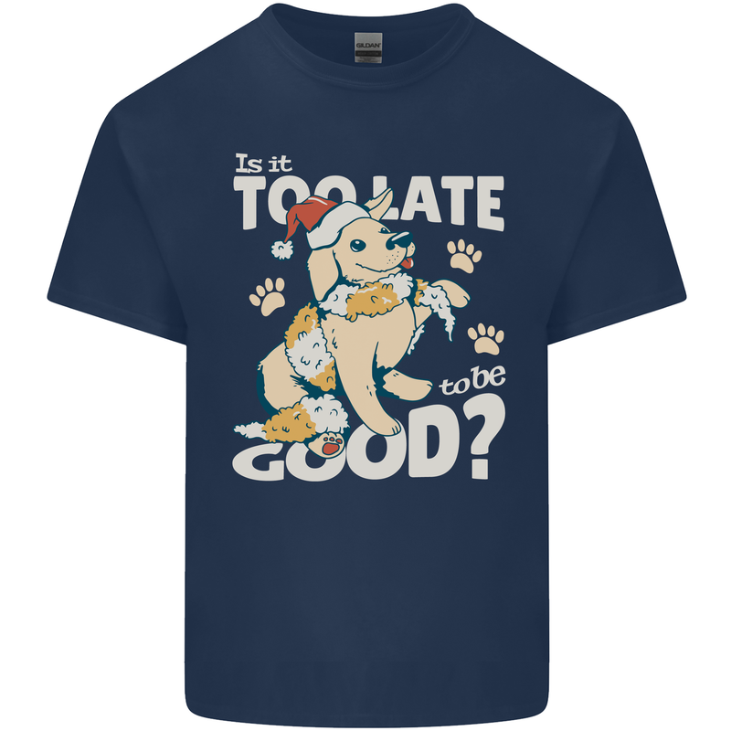Funny Christmas Dog Too Late to Be Good Kids T-Shirt Childrens Navy Blue