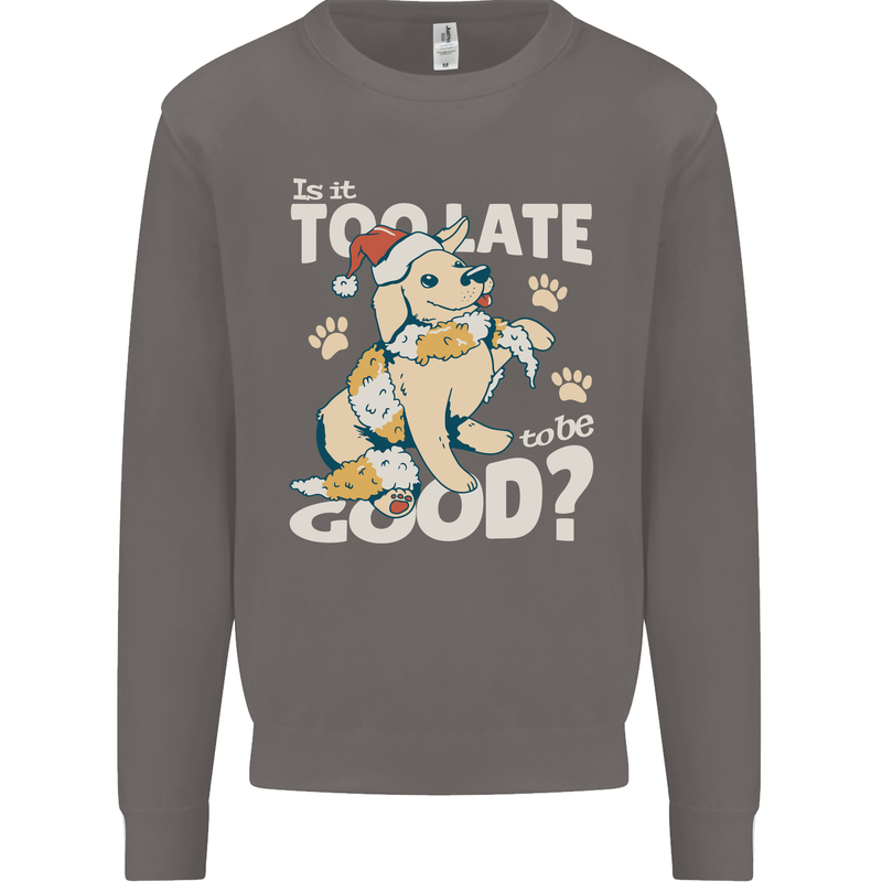 Funny Christmas Dog Too Late to Be Good Mens Sweatshirt Jumper Charcoal